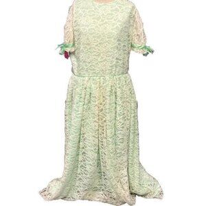 Vintage Homemade Dress Short Sleeve Maxi Lace Overlay Green Material XL-L